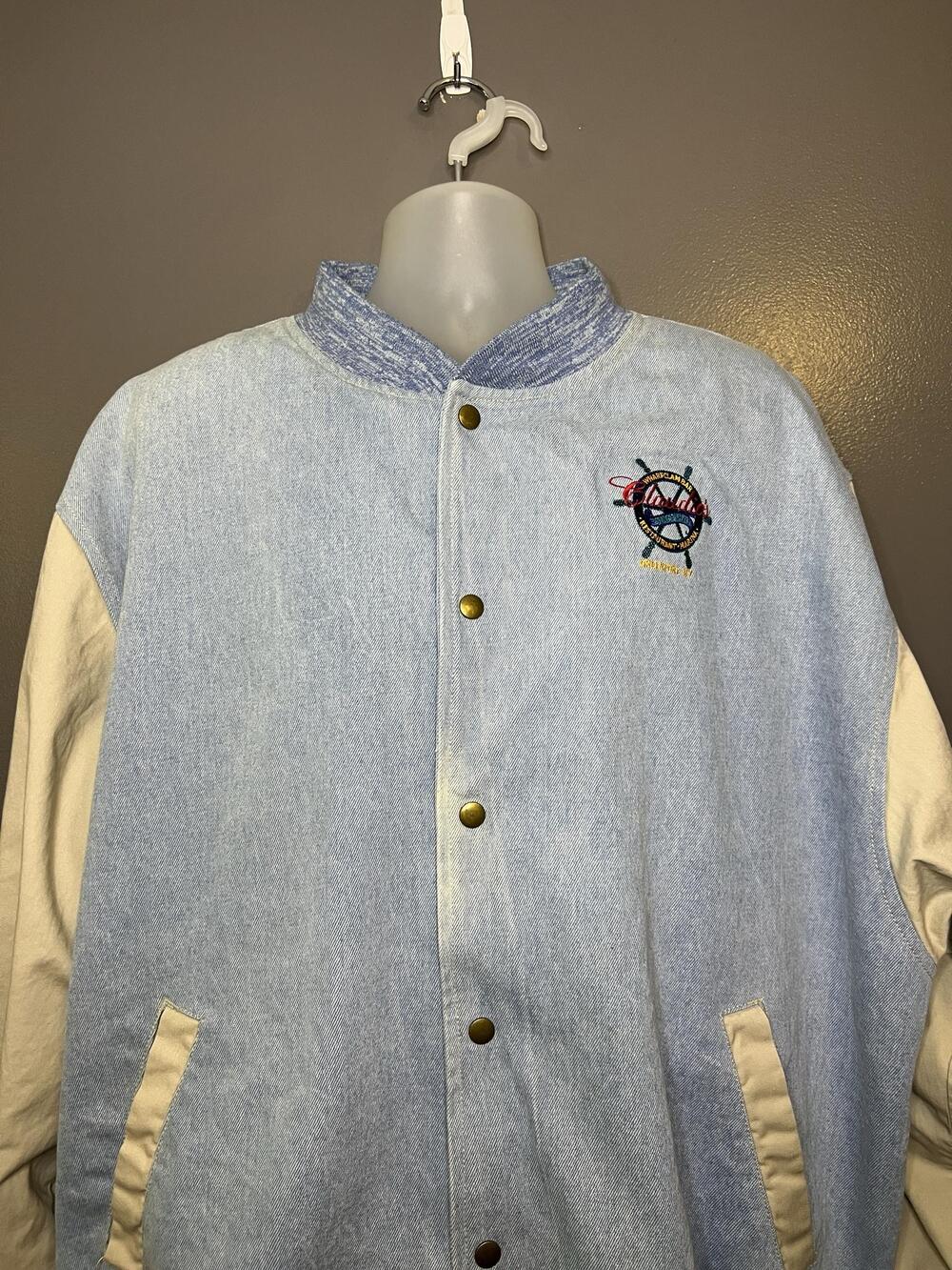 Vintage UltraClub Varsity Jacket Men 2XL Blue Denim Snap Button Claudio Wharf NY